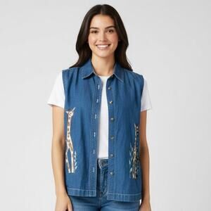 Vintage Blair Embroidered Giraffe Vest Womens XL Blue Denim Jean Top Button Up